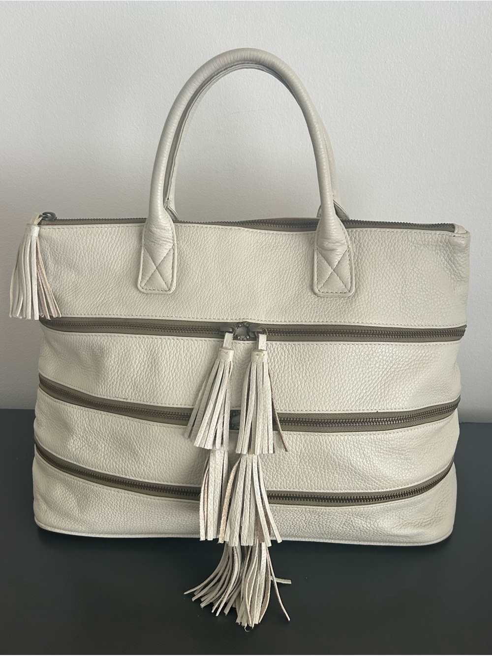 Pallie Bags Cream Pebbled Leather Multi Zip Tote Shoulder Bag Work Laptop - Picture 3 of 13
